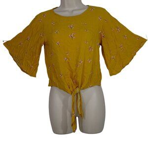 Elodie Yellow Gold Floral Tie Front Top Blouse Women Size S Short Sleeve
